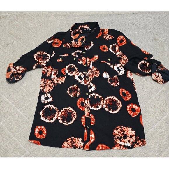 Halston‎ Women's Black Printed Button Up Blouse Roll Tab Sleeve Size L NWT - Picture 2 of 13